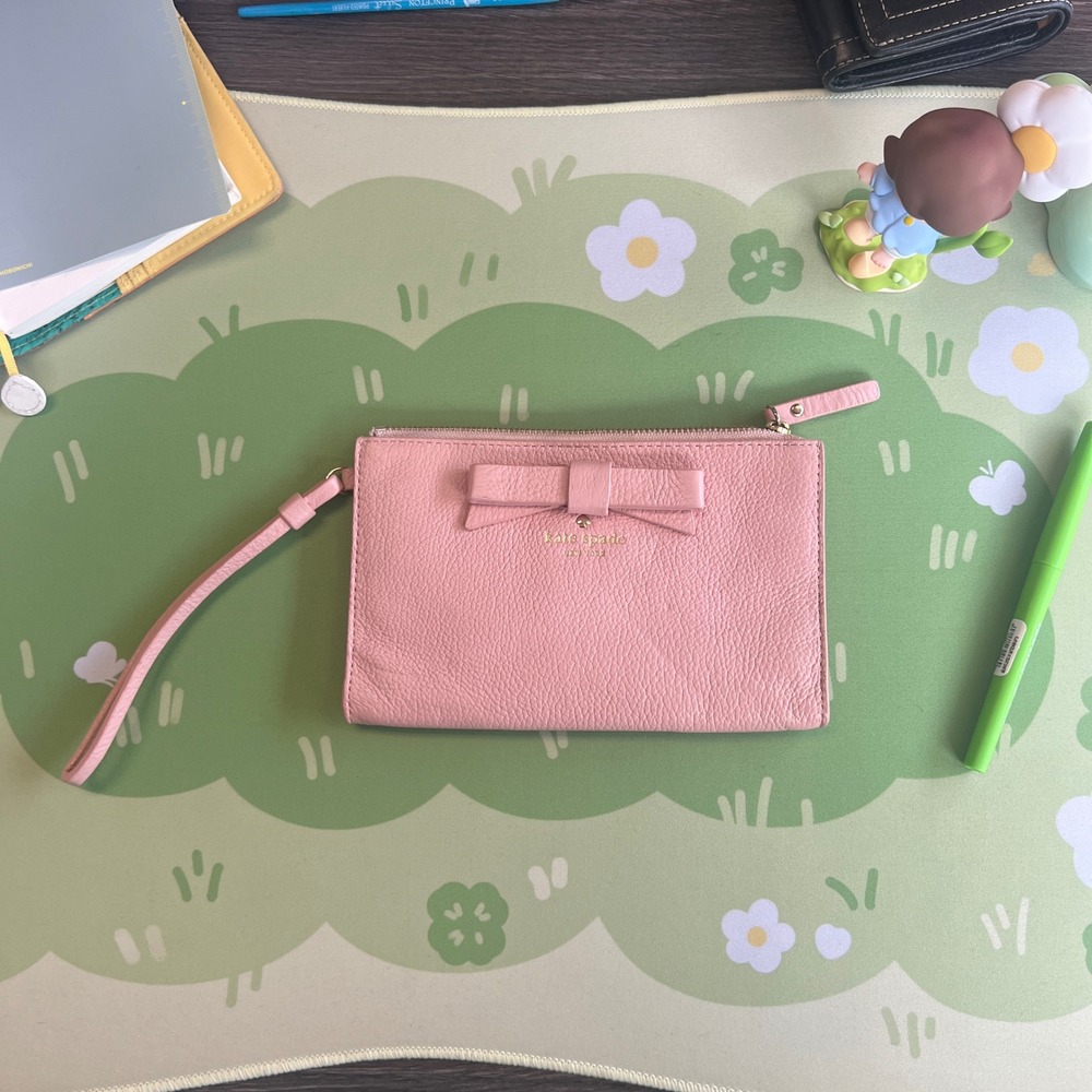 Kate Spade New York Pink Pebbled Leather Bow Wristlet Wallet PWRU4444